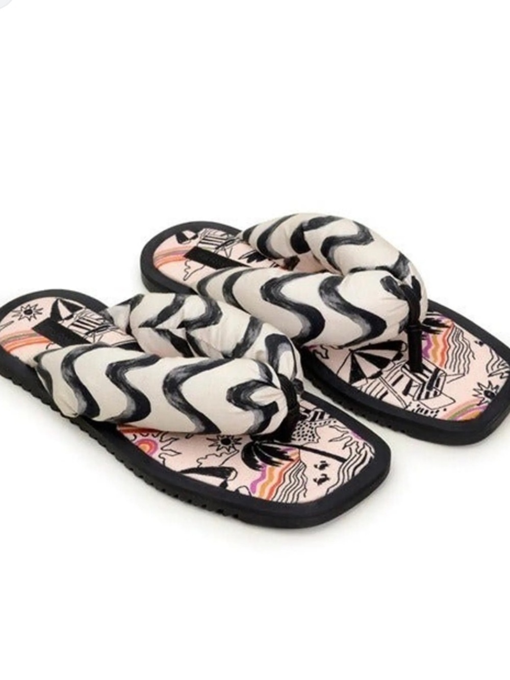 FARM Rio Striped Puffy Flip Flops in a black and white beach-themed print Sz 7